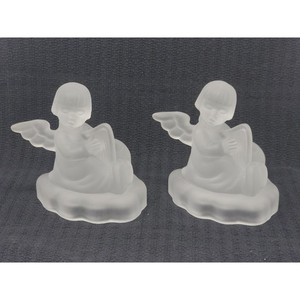 2 Vintage 1995 MJ Hummel Frosted‎ Glass Crystal Angel Candle Holder Avon
